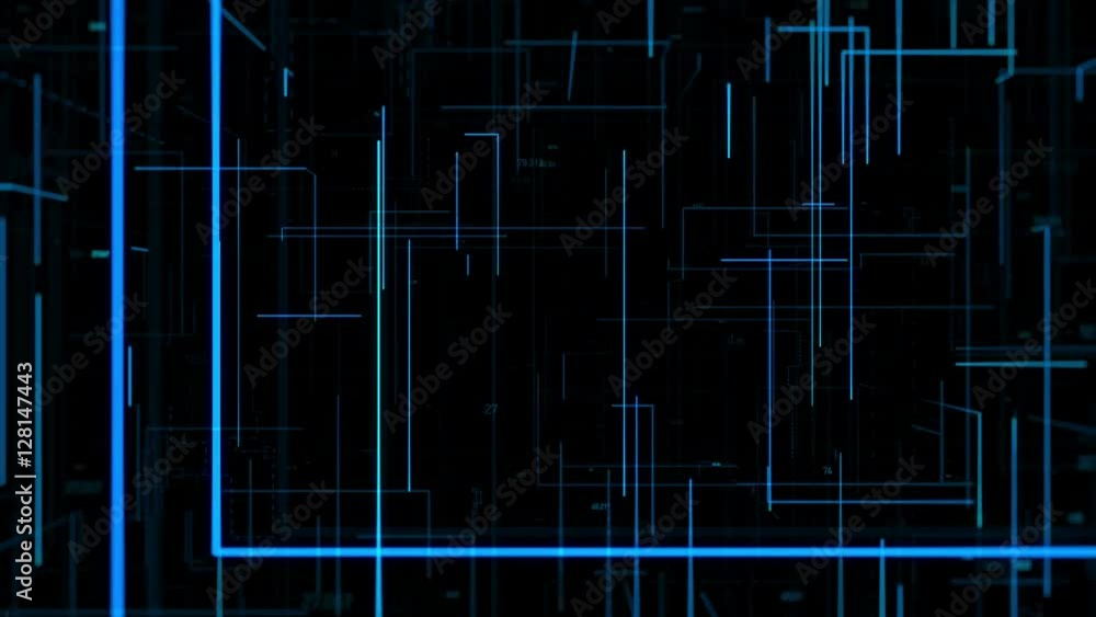 Poster 3d rendering abstract background. digital loopable squence with lines, glow and random numbers. tech