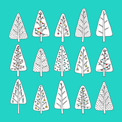 Set christmas tree in hand-drawing illustration, different stile, for postcard, poster, gifts. Decorated Christmas trees hand-drawn