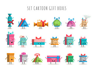 Funny gift boxes characters cartoon with bows and ribbons vector big set isolated. Christmas, new year, holiday, birthday gift box set. Packaging with various paper decor