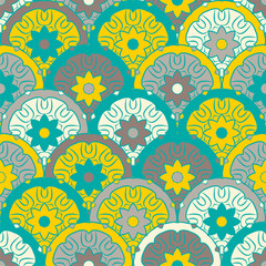 Seamless pattern with mandalas in beautiful colors. Vector background