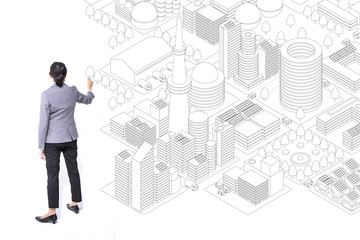 woman drawing modern cityscape line illustration on white wall