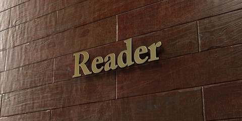 Reader - Bronze plaque mounted on maple wood wall  - 3D rendered royalty free stock picture. This image can be used for an online website banner ad or a print postcard.