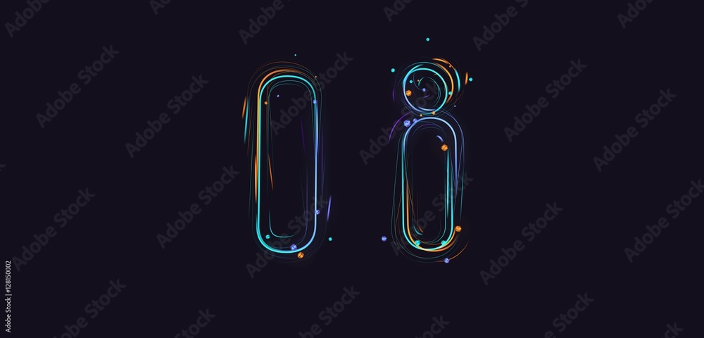 Fototapete 3d rendering colorful strokes and particles typeface illustration on dark background i