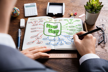 Businessperson Drawing Mind Map Flowchart In Notebook