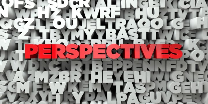 PERSPECTIVES -  Red text on typography background - 3D rendered royalty free stock image. This image can be used for an online website banner ad or a print postcard.
