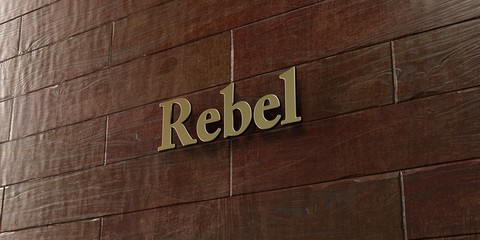 Rebel - Bronze plaque mounted on maple wood wall  - 3D rendered royalty free stock picture. This image can be used for an online website banner ad or a print postcard.