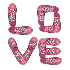 Words of love. Sports poster with sneakers. Vector
