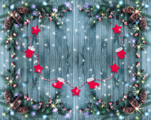 Christmas wooden background with illumination, glowing stars, Sa