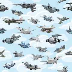 Fototapete Militärisches Muster Nahtloses muster der karikaturmilitärflugzeuge auf wolkenhintergrund