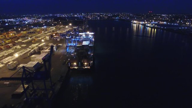Aerial Footage of Docked Cargo Ship at Night on Delaware River Philadelphia PA