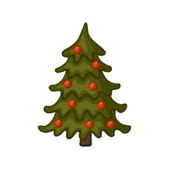 Cartoon Christmas tree with red balls. Vector illustration.