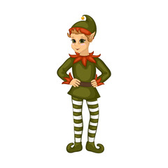 Cute cartoon Christmas elf in a traditional costume. Vector illustration.