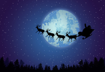 Obraz na płótnie Canvas Santa's sleigh in front of full moon on beautiful blue night, vector illustration
