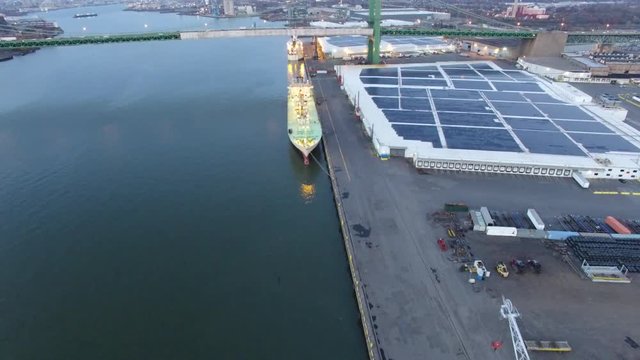 Aerial Footage of Docked Cargo Ship on Delaware River Philadelphia PA