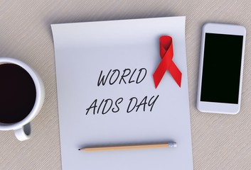 WORLD AIDS DAY, message on paper, smart phone and coffee on table, 3D rendering