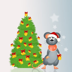 mouse decorates the Christmas tree with cheese
