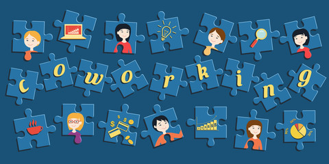 Flat design vector illustration of jigsaw puzzle with portrait of office workers and business icons. Command work idea concept. Business idea concept