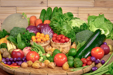 Arrangement various  fresh fruits and vegetables organic for healthy
