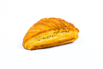 Fresh baked pain au chocolat on white background