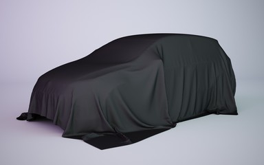 3d rendering covered car black fabric illustration