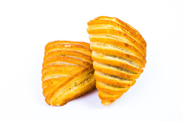 Fresh baked pain au chocolat on white background