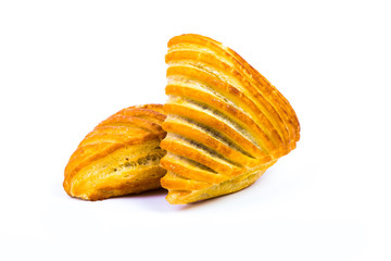 Fresh baked pain au chocolat on white background
