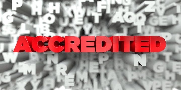 ACCREDITED -  Red text on typography background - 3D rendered royalty free stock image. This image can be used for an online website banner ad or a print postcard.