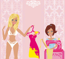 girl with sewing machine and elegant client
