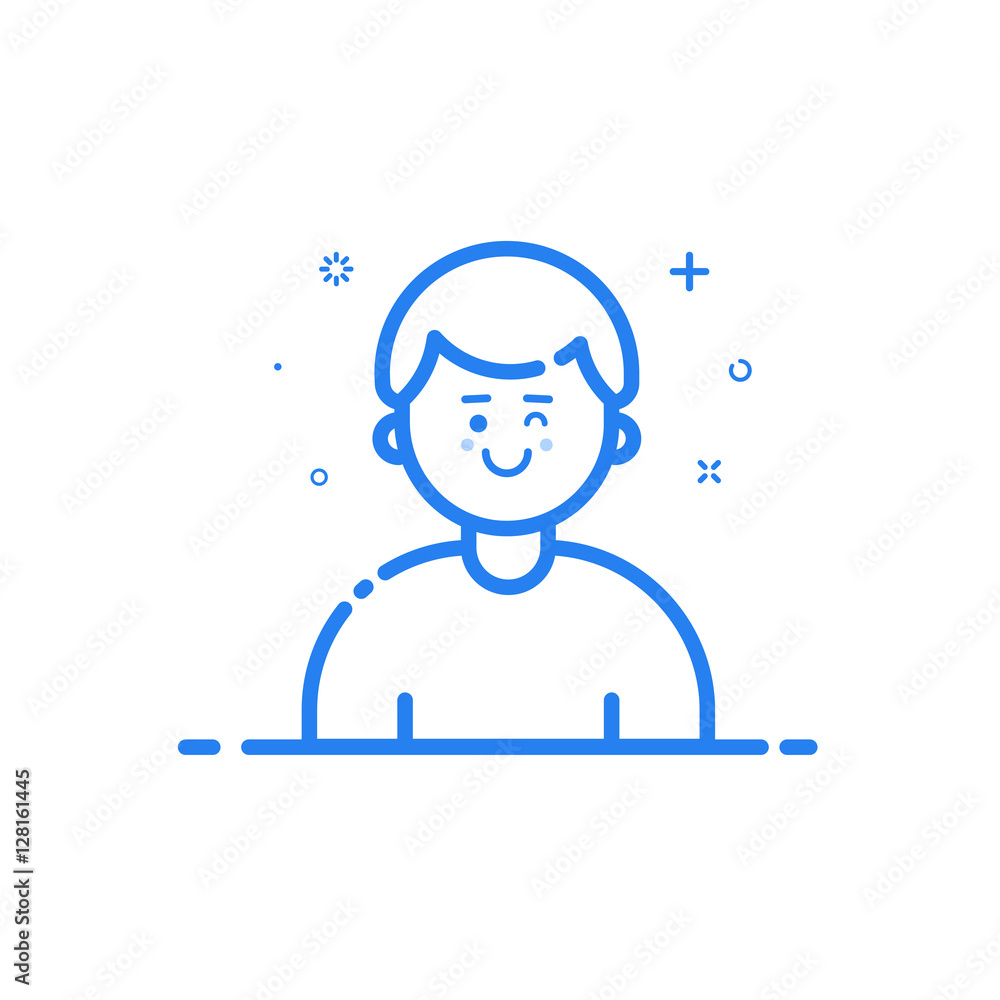 Poster vector illustration of blue icon in flat line style. linear cute and happy man. graphic design conce