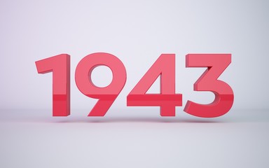 3d rendering red year 1943 on white background