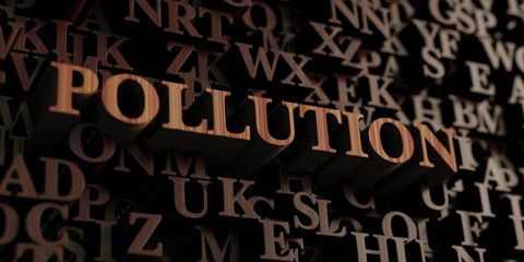 Pollution - Wooden 3D rendered letters/message.  Can be used for an online banner ad or a print postcard.