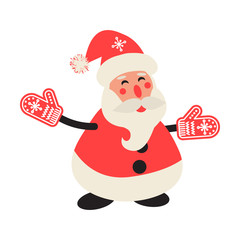 Cartoon happy Santa Claus in red mittens. Santa with welcoming hands.