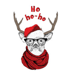 The christmas poster with the image owl portrait in Santa's hat. Vector illustration.