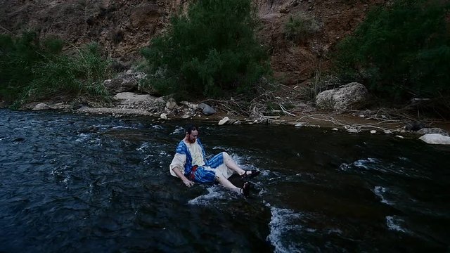 Exalted Jewish Man Bathing Being Dressed Worshiper Commits Rituals Looking at the Sky Ablution in a River Mount Nebo Amman City of Jordan Water Flows