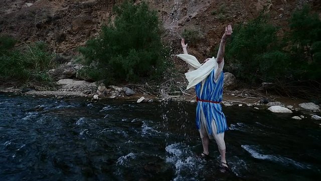 Righteous Jew Bathing Sprays Water Around Washes His Face Worshiper Commits Rituals Ablution in Judaism Mount Nebo Amman City of Jordan Water Flows