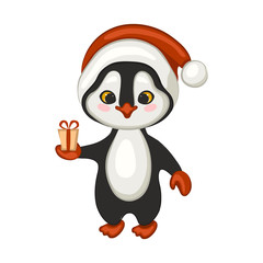 Cute Christmas penguin in a red hat with a pompom, and mittens.