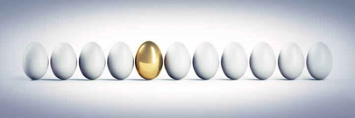 Goldenes Ei in Reihe Weißer Eier 1