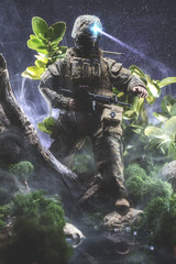 Soldier fighting at night as he crosses a river