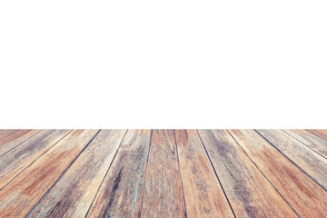 Empty perspective wooden table top isolated on white