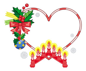 Heart-shaped frame with Christmas decorations and light candle arch. 