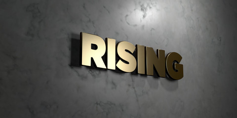 Rising - Gold sign mounted on glossy marble wall  - 3D rendered royalty free stock illustration. This image can be used for an online website banner ad or a print postcard.