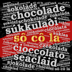 Chocolate. Word cloud in different languages, square, grunge background. Food concept.