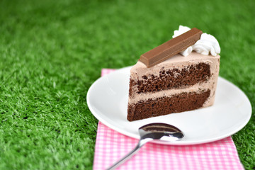 chocolate cake with whip cream and chocolate wafer topping on gr