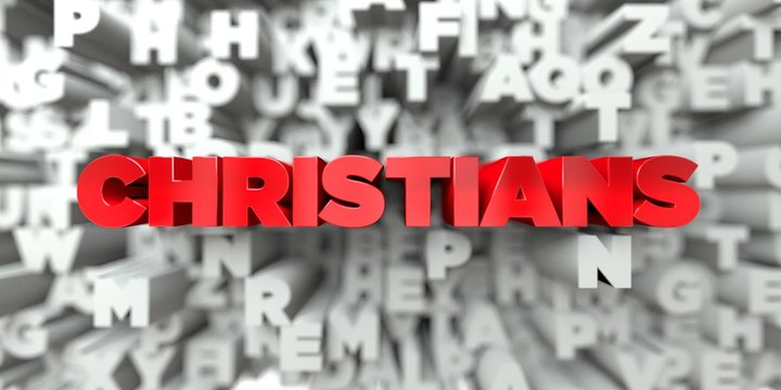 CHRISTIANS -  Red text on typography background - 3D rendered royalty free stock image. This image can be used for an online website banner ad or a print postcard.