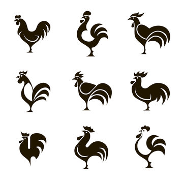 9 black and white icons roosters