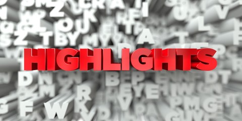 HIGHLIGHTS -  Red text on typography background - 3D rendered royalty free stock image. This image can be used for an online website banner ad or a print postcard.