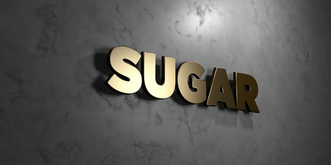 Sugar - Gold sign mounted on glossy marble wall  - 3D rendered royalty free stock illustration. This image can be used for an online website banner ad or a print postcard.