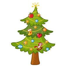 Beautiful Christmas tree on a white background. Vector tree isolation. Elegant New Year tree with toys in the childrens style.