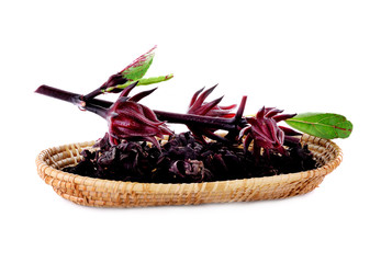 Fresh roselle and dry roselle in basket isolated on white backgr