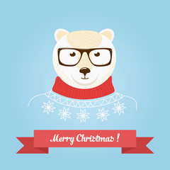 Christmas cute forest bear head logo. Vector modern fashionable hipster bear animal in clothes.